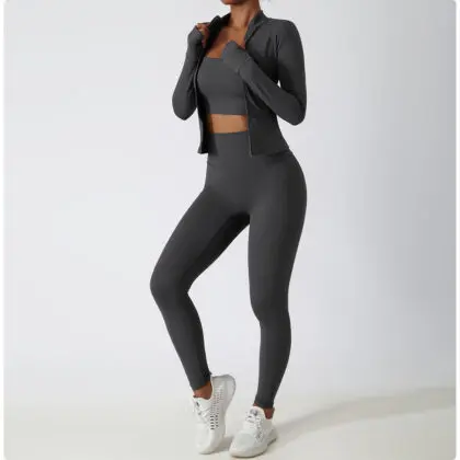 SLIM FIT LEGGINGS, JACKET & HALTER NECK CROP TOP SET